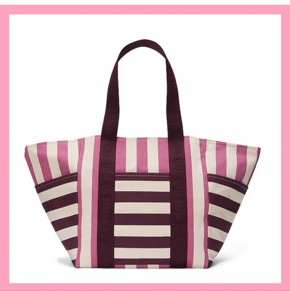 NWT Victoria's Secret Pink Striped Carry On Large Canvas Zipper Beach Tote - Picture 1 of 11